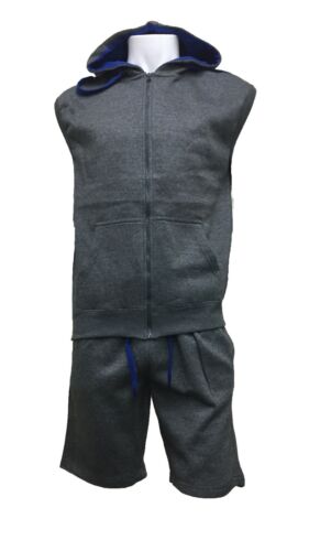 Mens Tracksuit Contrast Hoodie Shorts Lined Hooded Zipper Gillet Top bottom set