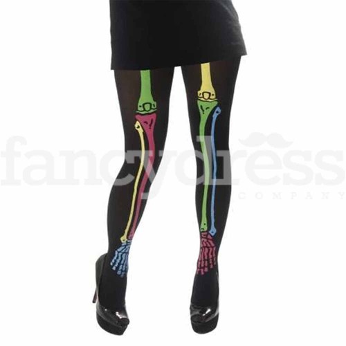 Girls Neon Skeleton Tights Halloween Fancy Dress Accessory Black Opaque Tight