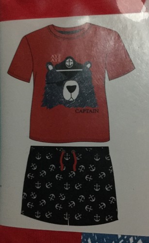 Boys Red Short Sleeved Legged Pyjamas with Captain Bear Head detail