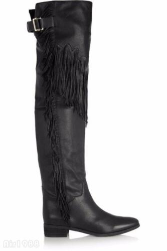Chic Women's Tassels Leather Over the Knee Boots Flats Boho Plus Size High Boots 