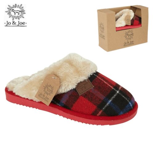 Ladies Slippers Tartan Faux Fur Womens Winter Warm Indoor Slip On Mule Shoes Sz 