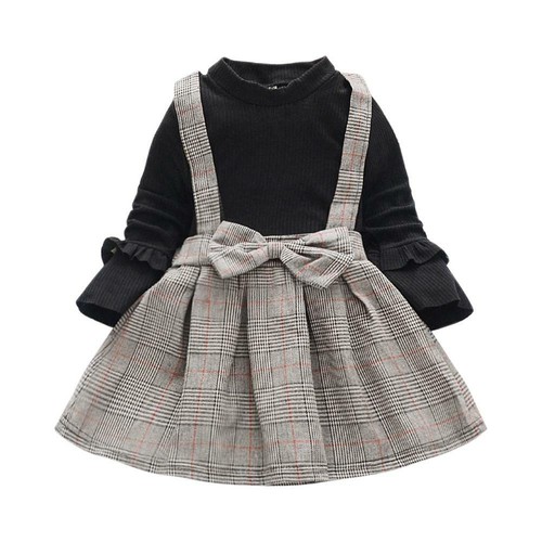 Fake 2pcs Plaid Princess Dress Kids Girls Autumn Long Sleeve Cotton Dresses R1BO