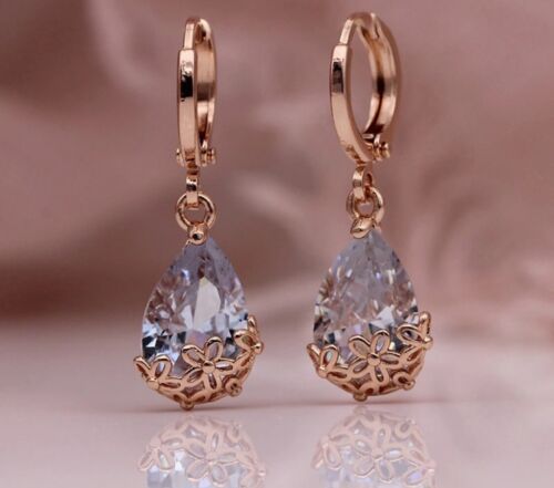 Stunning  9ct Rose Gold gf Water Tear Drop Dangle Earrings Free Gift Box