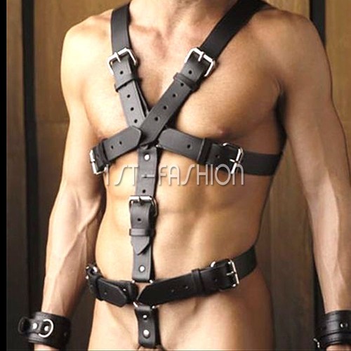 PU Leather Gothic Costume Full Men Body Chest Harness Punk Belt Clubwear Black