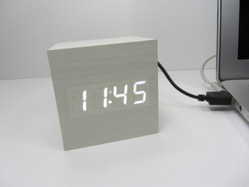 LED Digital Desk CLOCK + Thermometer White Wooden Cube USB/AAA PARTY GIFT NEW