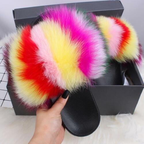 Popular Real Fox Fur Slippers Womens Vogue Raccoon Fur Casual Slides Shoes