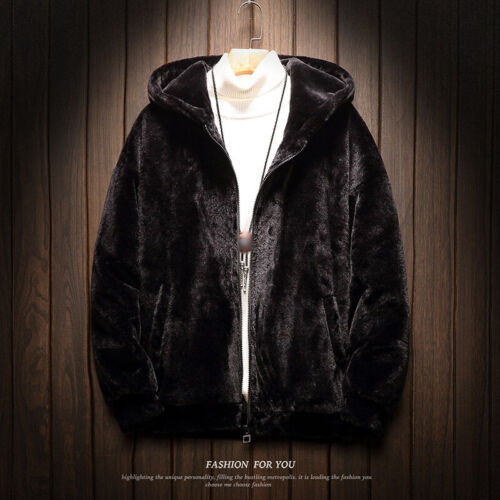 Men's Hooded Plush Jacket Lambwool Outwear Leopard Winter Loose Fit Thick Warm 