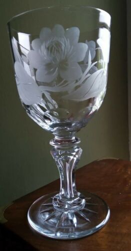 Exquisite Antique Large Wine Glass  Goblet,Deeply Etched&cut Lily Pads& Flowers 