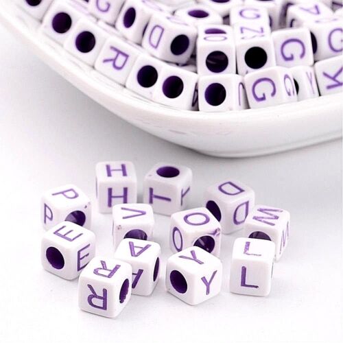 200 x Purple White Acrylic 6mm Cube Alphabet Beads Random Mix