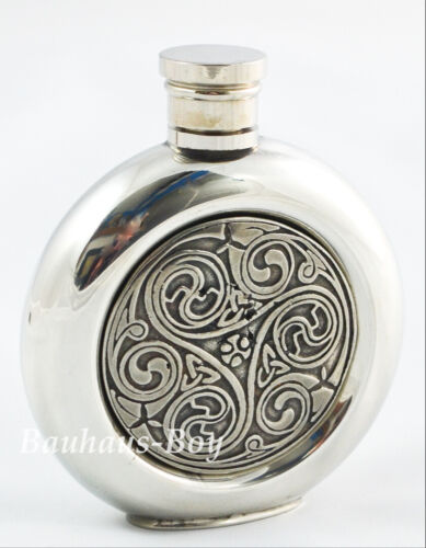 HIP FLASK PEWTER CELTIC SCROLLWORK ROUND 4OZ CAPACITY MADE IN THE UK BOXED KILT 