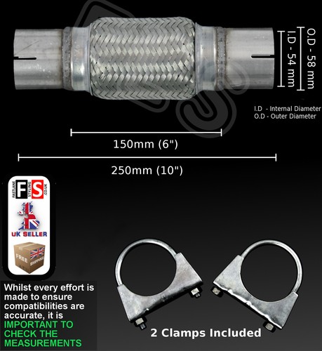 2.25/" x 10/" CLAMP ON CAT REPAIR EXHAUST FLEXI 58mm x 250mm -Audi 1