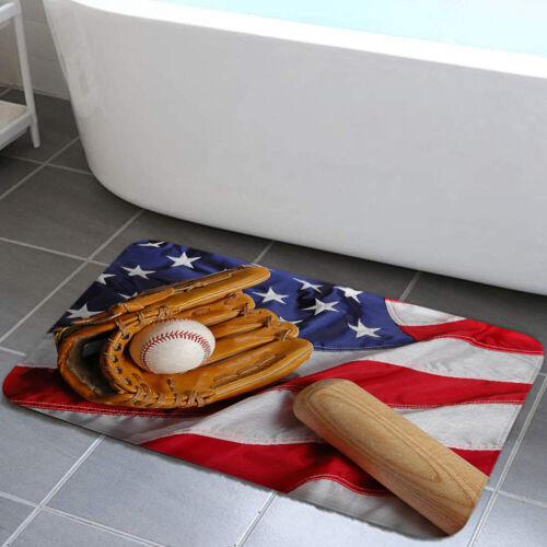 Non Slip Bath Mat with Baseball and American Flag Sports Decor Bathroom Rug
