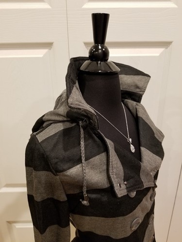 Wet Seal Punk Unique Black Gray Striped Double Breasted Jacket Coat S M NWT