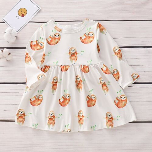 Toddler Baby Girls Kids Sloth Long Sleeve Princess Dress Outfits Clothes 0-24M