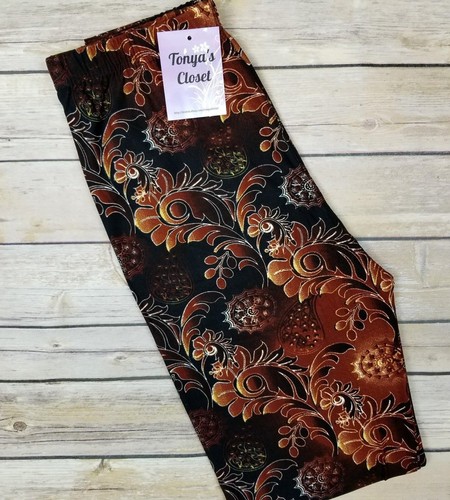 Paisley Floral Feather Leggings Brown Black Abstract Soft ONE SIZE OS