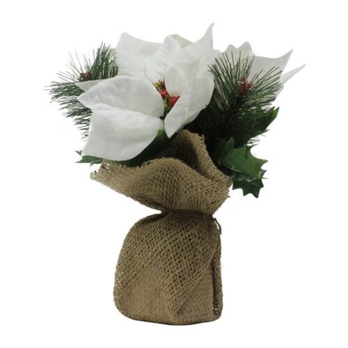 Stunning White Artificial Poinsettias in Hessian Bag