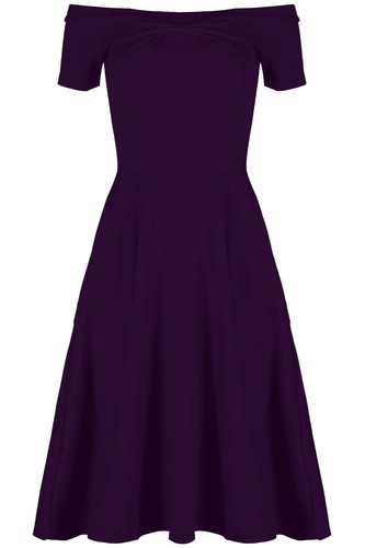 Womens Off Shoulder Bardot Swing Dress Ladies Flared Stretchy Midi Skater Dress