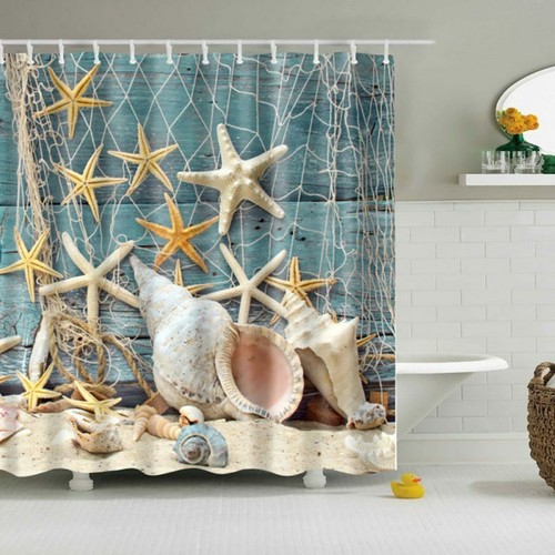Shower Curtain Beach Ocean Sea Shell Starfish Fishing Net Theme Bathroom Decor