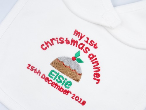 Personnalisé Brodé Mon Premier 1ST Dîner de Noël Pudding bavoir bébé gilet