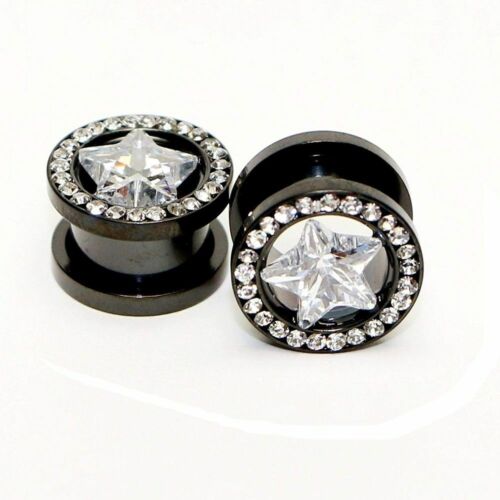 Details about  / Pair of Black Screw-Fit Ear Plugs with Clear CZ Star Design