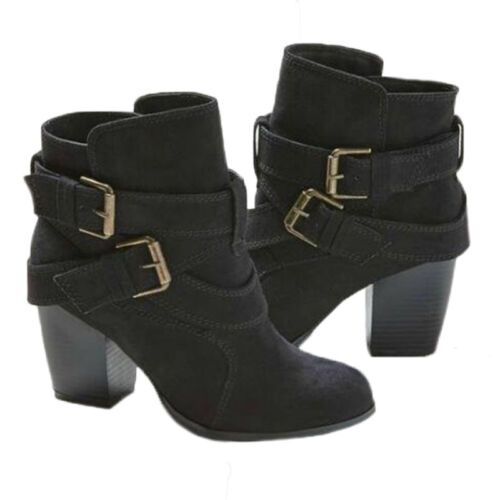 Womens Ladies Faux Suede Mid Block Heel Buckle Work Ankle Strap Boot Shoes Sizes