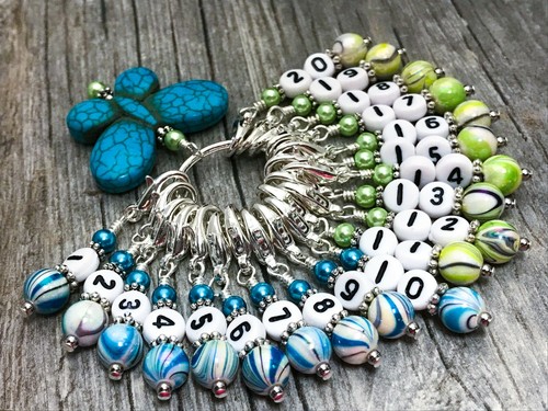 1-20 Numbered Stitch Markers /& Blue Butterfly Holder Row Counter