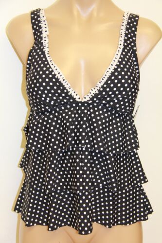 NWT Kenneth Cole Reaction Swimsuit Tankini Top  Size S Black White Dots Ruffles 