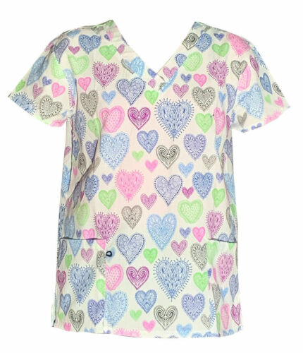 Details about  / Women/'s Fashion Medical Nursing Scrub Tops Colorful Embroidery Hearts M