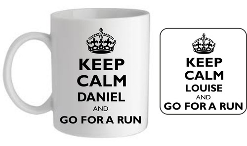 Personalised keep calm and go for a run mug//coaster jogger trainer present gift