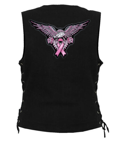Pink Ribbon Breast Cancer Eagle Patch Womens Black Denim Vest W Gun Pockets