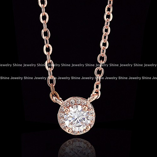 18K GOLD GF SOLID LADY GIRL 1CT HALO CRYSTAL DRESS WEDDING PENDANT NECKLACE GIFT