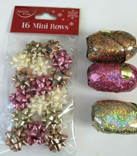 16 x Mini Cadeau Noeuds & 3 Ruban flics Or Rose Crème Or Rose Noël Wrap 