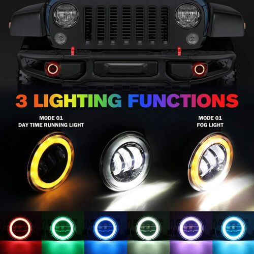 7/" inch RGB LED Headlights 4/" Fog Lamp Combo Pods for Jeep Wrangler JK 07-18