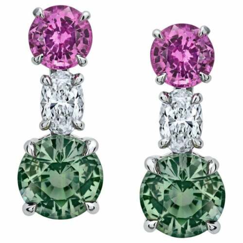 3.40 Carat Green Emerald & Pink Round Sapphire and Oval CZ Water Drops Earrings 