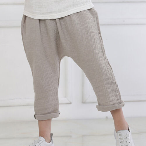 0-5T Kids Boy Girl Cotton Linen Pants Toddler Solid Loose Harem Casual Trousers 