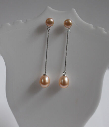 Dangling Drop Silver 925 Earrings Natural Freshwater 9mm Pearl 4 color choices