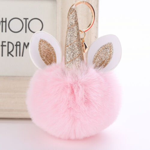 Lovely Fluffy Unicorn Key Chain Rabbit Fur Pompom Ball Keyring for Purse Handbag 