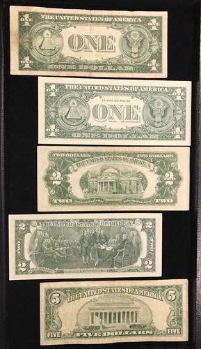 5 Note Lot $1 Blue Seal $1 Barr Note $2-1976 Note $2 Red Seal $5 Red Seal