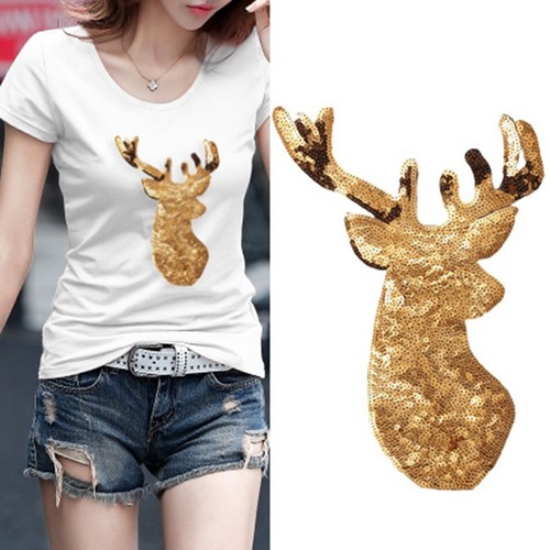 Christmas Elk Sequin Applique Embroidery Iron On Patches Fabric Adorn Stickers