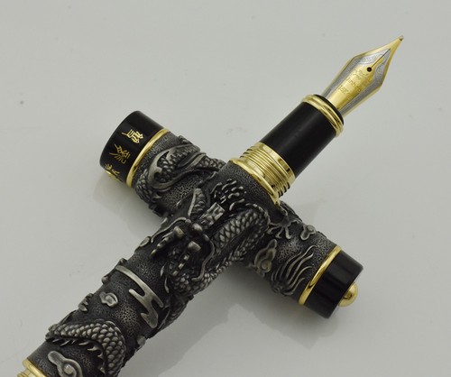Jinhao Gray Double Dragon Playing Pearl Fountain Pen 3D Embossed Vintage Pen