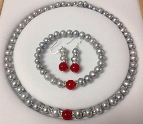 New 8-9mm Gray Akoya Cultured Pearl Red Jade Bracelet Necklace Earrings Set