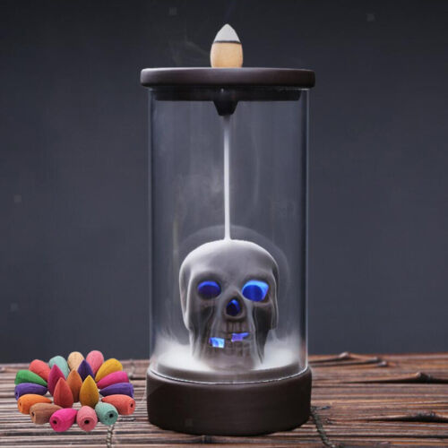 Incense Burner Skull Backflow Incense Holder with LED Lamp Windproof Acrylic 