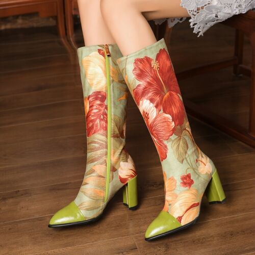 Details about  / Ethnic Style Women Floral Print Cowboy Block Heel Knee High Boots Outdoor Punk L