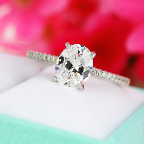 1.38 TCW Oval Cut Brilliant Diamond Engagement Ring In 14K White Gold Plated 