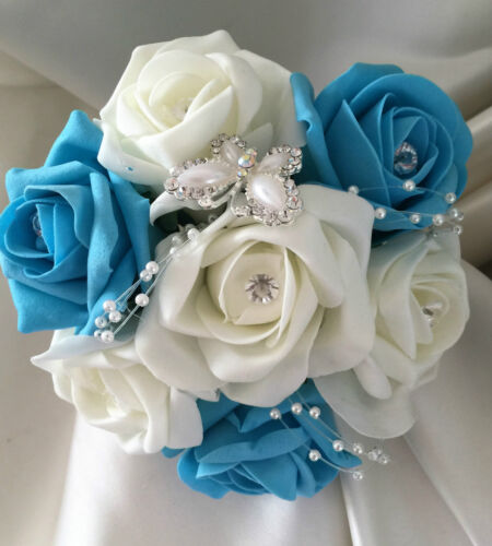 Wedding Flowers Ivory/Turquoise Crystal Bouquet Bride/Bridesmaids/Buttonholes 