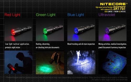 Nitecore SRT7GT 1000 Lumen Long Throw Red//Blue//Green//UV LED Tactical Flashlight