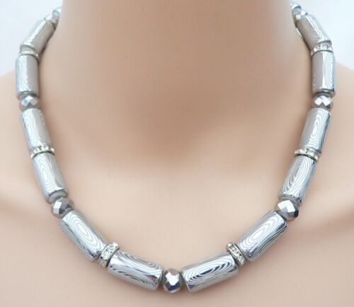 Halskette Collier Walzen Glas Perlen facettiert Strass silber weiß 395c