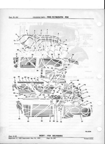 1953 Plymouth  P24 NOS Exterior Collision Parts Guide 11 X 17 Size 