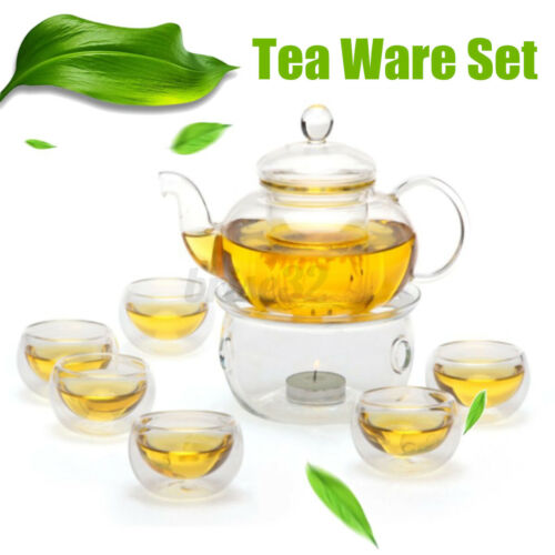 600ml Heat Resistant Glass Teapot Infuser Tea Pot Set 6 Double Wall Cups  US
