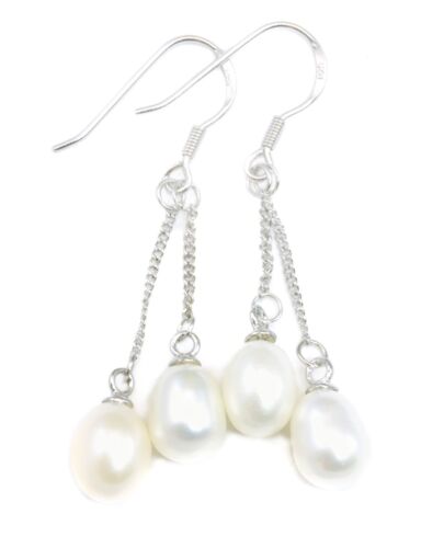 Pearl Earrings Long Sterling Silver Double Hung White or Black Peacock Cluster